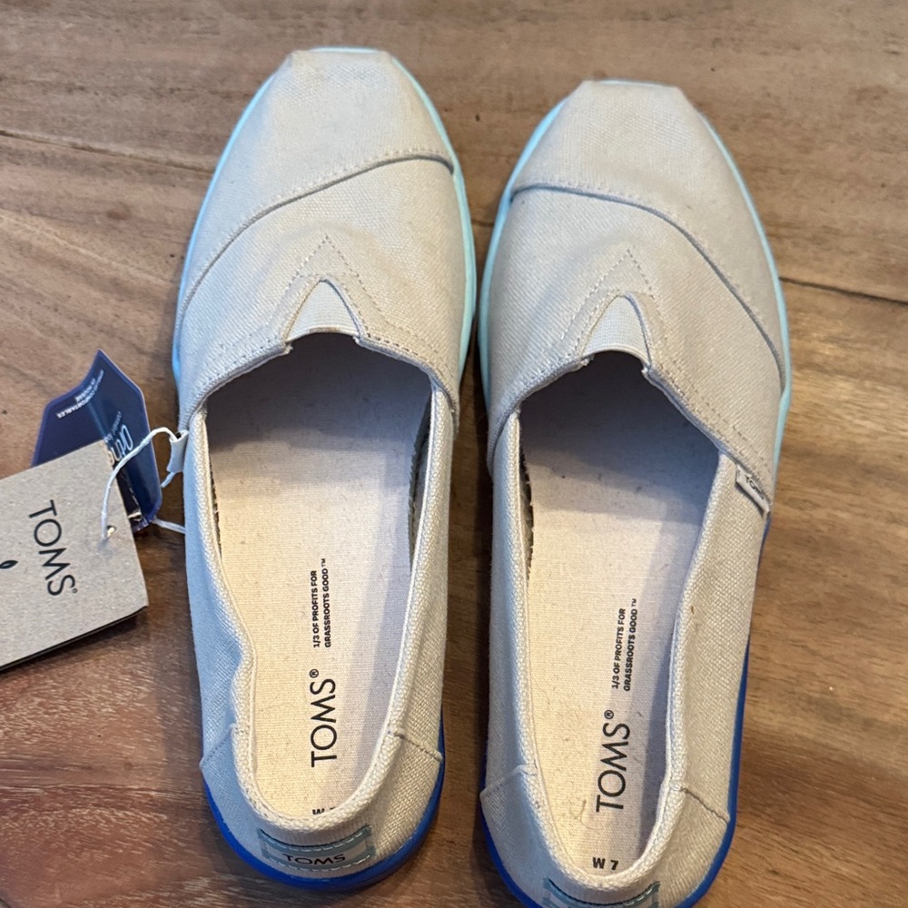 TOMS Light Gray Canvas Slip-Ons with Blue Ombré Sole